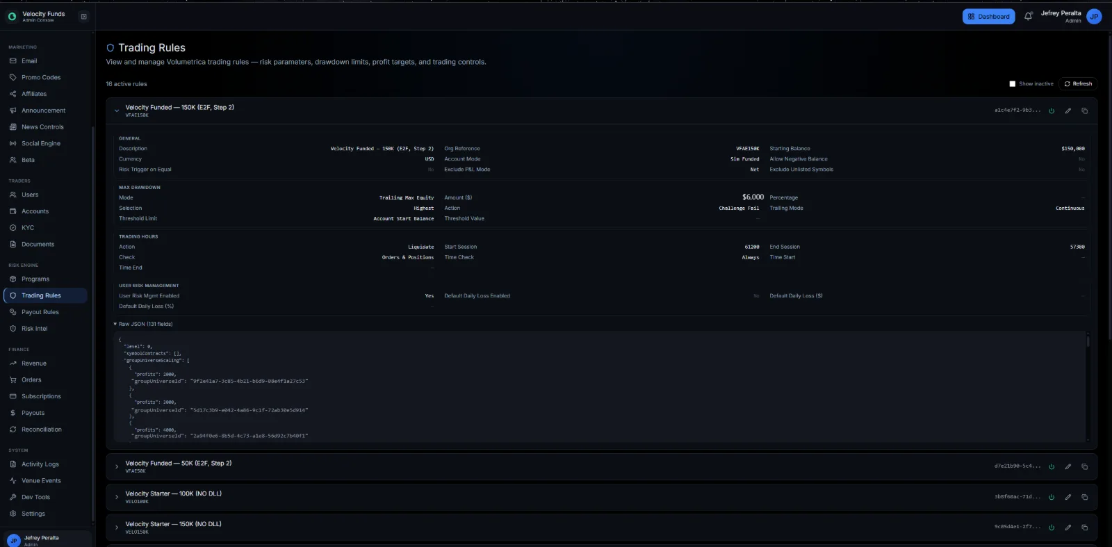 Velocity trading rules administration screen showing a funded-account rule with drawdown mode, trading hours, user risk management settings, and the raw rule configuration